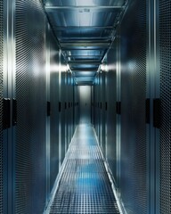 Obraz premium A long, narrow hallway lined with rows of servers, illuminated by bright lights, creating a futuristic, high-tech atmosphere.