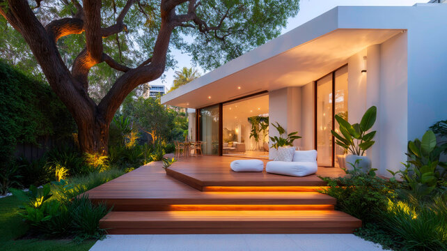 Modern Outdoor Seating Area with Natural Timber Decking and Warm Step Lighting