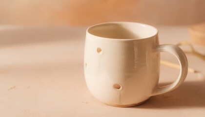 Fototapeta premium A cream colored ceramic mug with unique handmade glaze imperfections rests on a soft clay background with subtle lighting