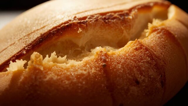 Refocusing camera revealing torn loaf at kitchen counter, showing crumb texture and glossy streak