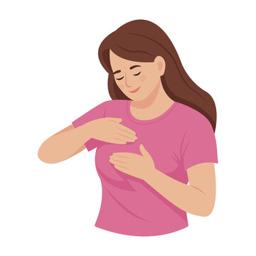 Woman checking her breast to prevent and support the cause of breast cancer. Breast self exam concept vector illustration 