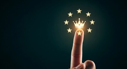 A hand with the index finger pointing upwards, surrounded by a glowing crown and stars, symbolizing excellence and achievement in a dark environment, viewed from a straight-on perspective.