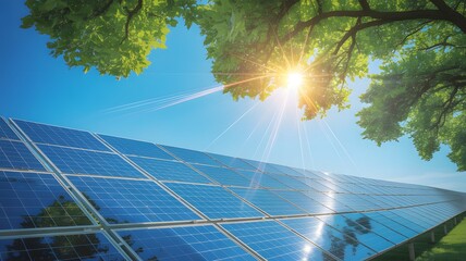 Solar Panels Under Bright Sunlight with Green Trees and Blue Sky Showcasing Renewable Energy Production, Clean Power Technology and Sustainable Environmental Innovation