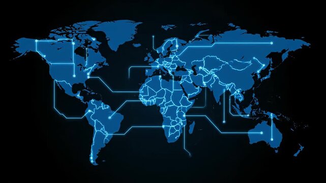 Animated world map with glowing lines illustrating global network connections and data flow. Ideal for technology.