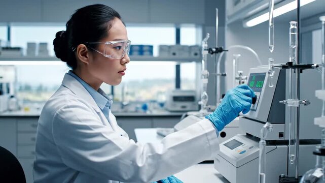 Asian female scientist in lab coat and goggles operates scientific equipment, conducting research.