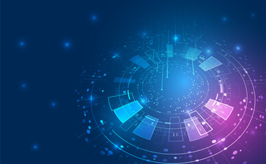 Obraz premium Futuristic blue and purple technology background with circular HUD interface, glowing data panels, and digital network elements. High-tech concept for innovation, analytics, and virtual systems.