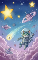 Obraz premium Cute Cartoon Cat Astronaut in Space with Stars and Planets Illustration
