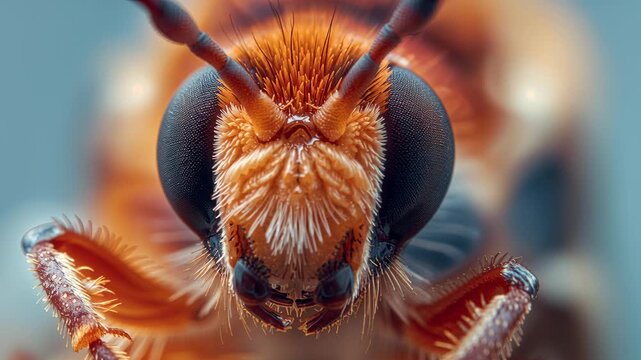 Shifting wasplike insect head tilting in studio, antennae sweeping outward showing jaws and hairs