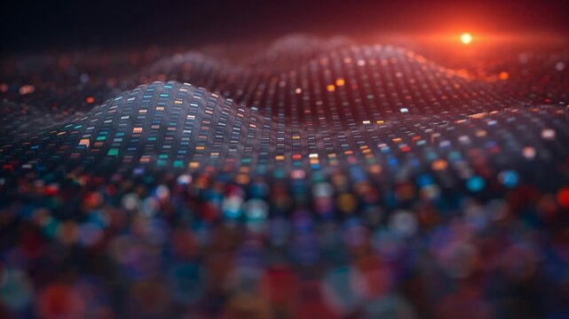 Camera pulling back, module grid rising into hills in virtual set, to reveal warm rim light