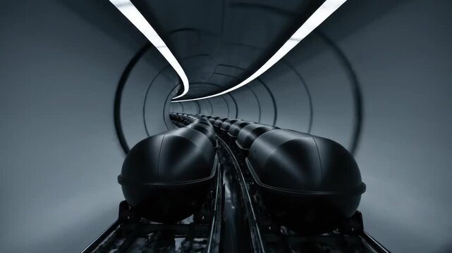Automated pods travel swiftly on a track inside a modern, illuminated tunnel. This high-tech system represents efficient future transport and logistics solutions.
