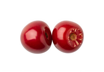 Two ripe, glossy red apples with fresh green stems, showcasing vibrant natural colors and smooth textures, isolated on transparent background for versatile design use