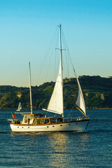 Fototapeta premium Sailboat with a white sail. Sailboat glides through calm waters