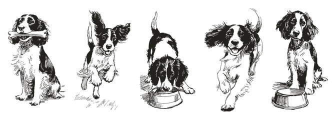 English Springer Spaniel set. Illustrations for children books and pet posters. Pencil drawing style. Jumping, sitting, bone holding dogs.