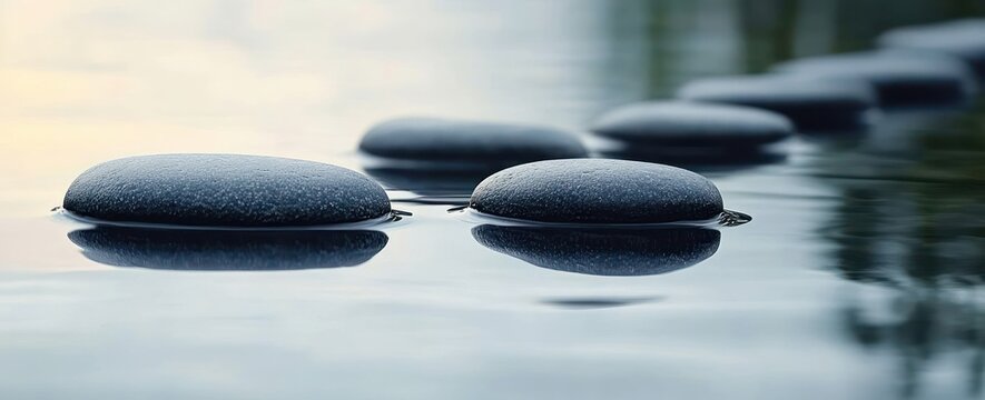 smooth round dark stones resting on calm reflective water with gentle ripples, evoking a serene tranquil meditative mood