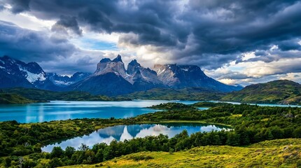 A serene landscape of mountains and lakes under a cloudy sky