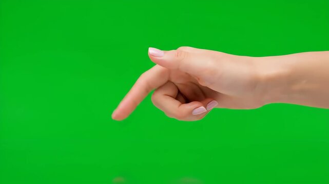 Close up shot of a woman's hand pointing and pressing down with her index finger on a chroma key background.