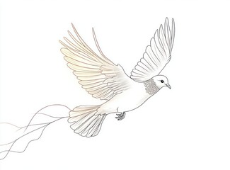 Obraz premium graceful white bird in flight with outstretched detailed wings and trailing ribbon-like tail, serene minimalist line drawing