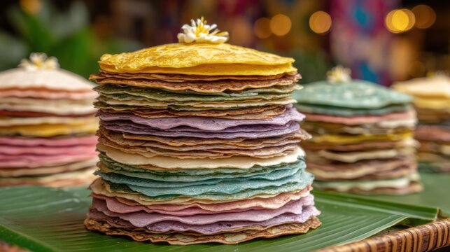 A towering stack of colorful, sweet serabi pancakes with a delicate floral garnish, a visually appealing Indonesian dessert.