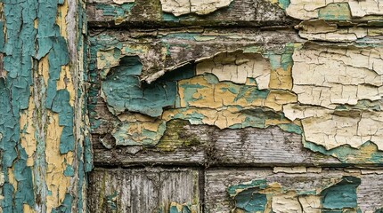 A close-up view of a weathered wooden surface with peeling paint