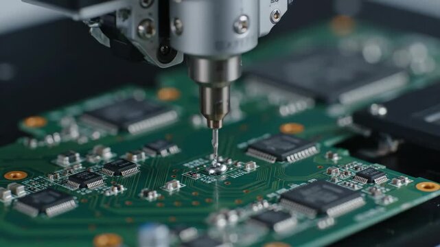 Close-up of a high-tech robotic system applying solder paste to a PCB for electronic component assembly.