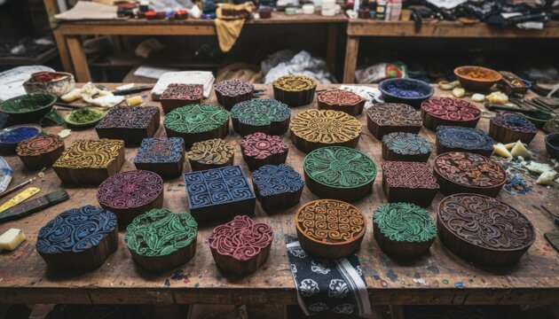Collection of colorful hand-carved batik stamps arranged on a wooden table in a workshop