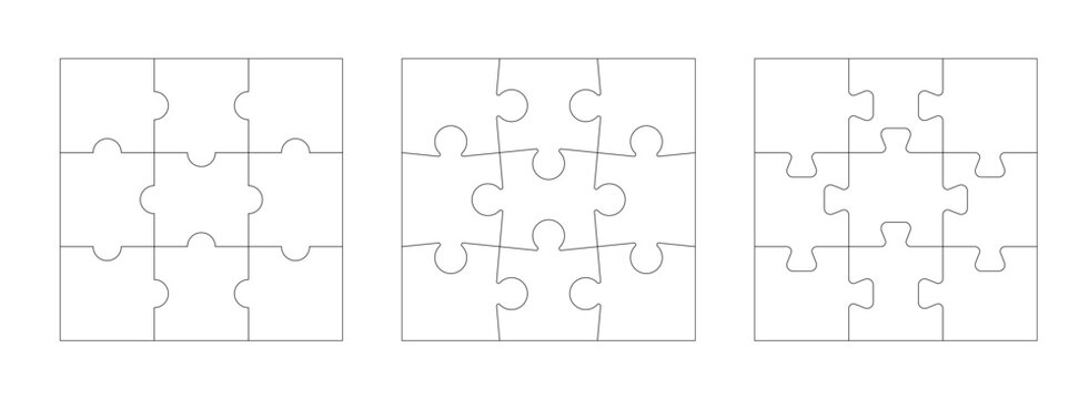 Jigsaw puzzle templates with interlocking pieces. Blank puzzle piece templates featuring wavy interlocking edges in 9 pieces. Vector layouts kit with line pattern, design collection for game education