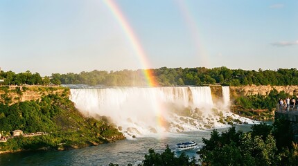 A breathtaking view of a majestic waterfall with a vibrant rainbow