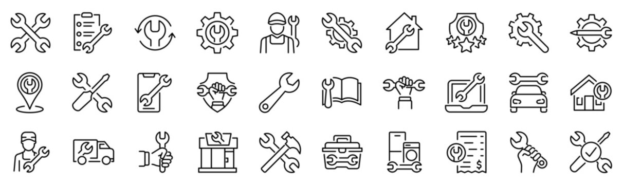Set of 30 outline icons related to wrench. Linear icon collection. Editable stroke. Vector illustration