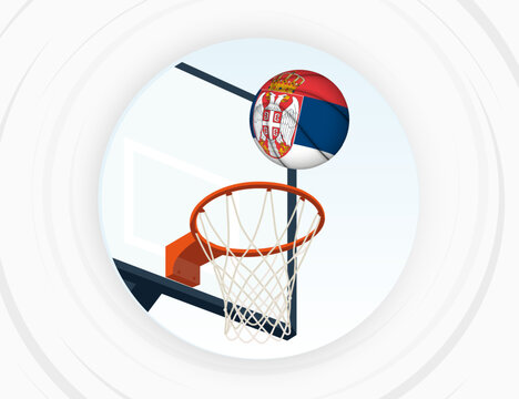 Serbia Flag Themed Basketball in Motion, Scoring Moment in Basketball Game.