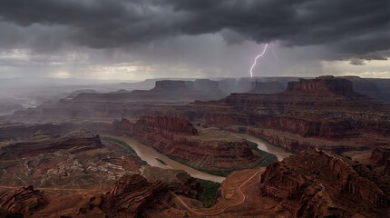 A dramatic landscape of a canyon with a lightning storm approaching