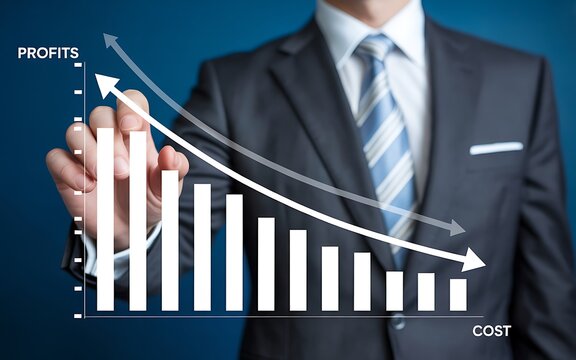 A businessman in a suit is drawing a graph showing increasing profits and decreasing costs with a marker on a transparent background from a close-up viewpoint.