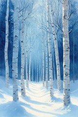 Naklejka premium Snowy birch forest path with tall white trunks and pale blue mist, serene quiet winter scene