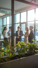 Modern Office Interior with Green Plants and Business Team Silhouettes by Large Windows