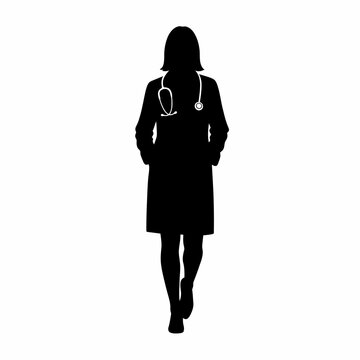 Female Doctor Silhouette Walking with Stethoscope.