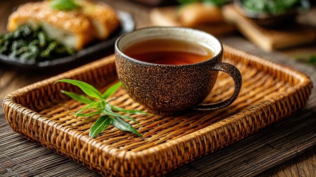 Elegant tea cup with tea on a woven tray with green leaves