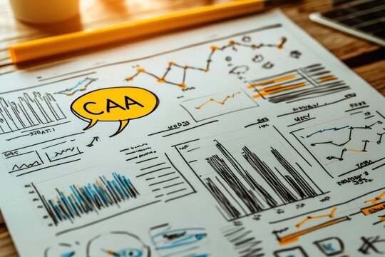 Hand-sketched charts, bar and line graphs and colorful annotations on paper with a yellow speech bubble labeled CAA, pencil, tablet corner and coffee cup suggesting focused creative planning
