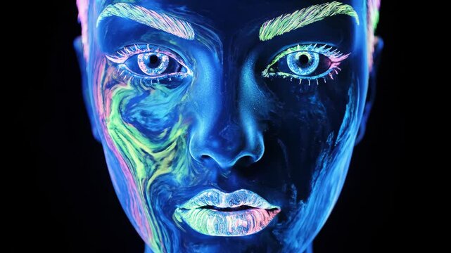 Close-up of a person's face painted with glowing UV reactive makeup, creating a futuristic and artistic look.