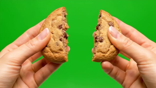 Close-up of a person's hands gently breaking a fresh, warm chocolate chip cookie into two halves.