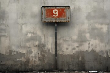 Naklejka premium Number nine sign fixed on a textured concrete wall showing urban decay