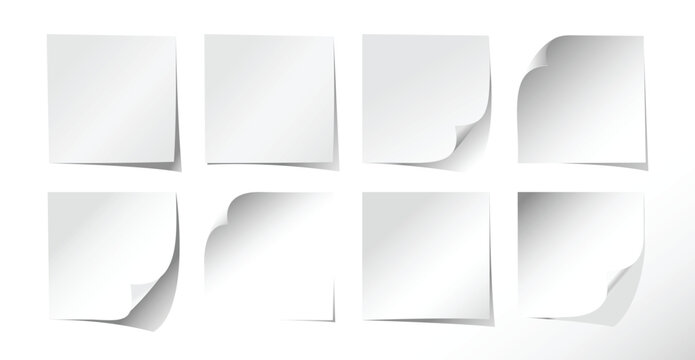 Blank white sticky notes set with folded corners and paper curl shadow effect isolated on light background mockup design