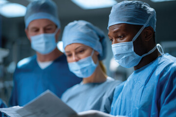 In a surgical setting, a team of surgeons examines detailed patient charts, reinforcing the commitment to meticulous care and teamwork essential for successful outcomes in surgery.