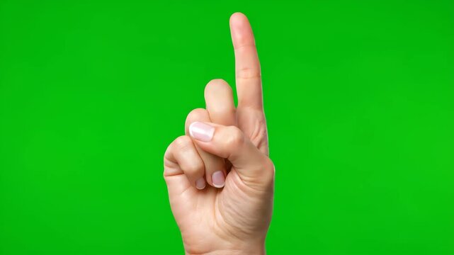 Close-up of a woman's hand showing one and then two fingers, counting gesture on a green screen. Perfect for overlays.