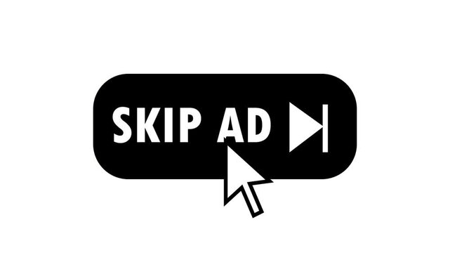 Mouse cursor clicking a Skip Ad button on a white background, transitioning from black to green.