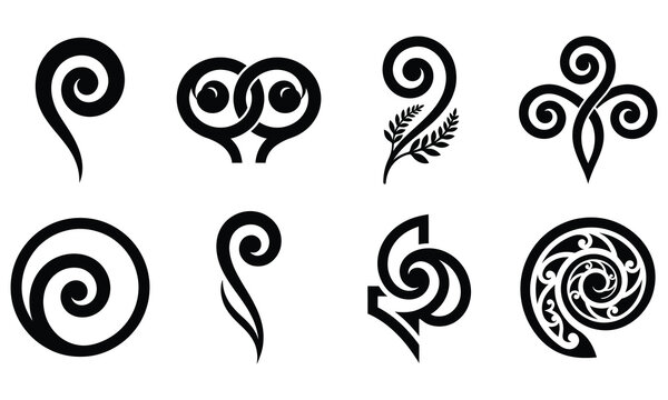 Silver Fern Koru Spiral Set Silhouette Vector &mdash; New Zealand Maori Nature Symbol Collection Black Isolated Clipart