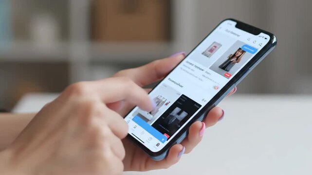 Close-up of female hands using a mobile phone to browse an e-commerce store, looking at various apparel. This footage depicts modern online shopping.