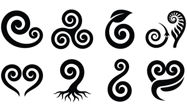 Koru Family Growth Symbol Set Silhouette Vector &mdash; Maori Life Journey Spiral Collection Black Isolated Clipart