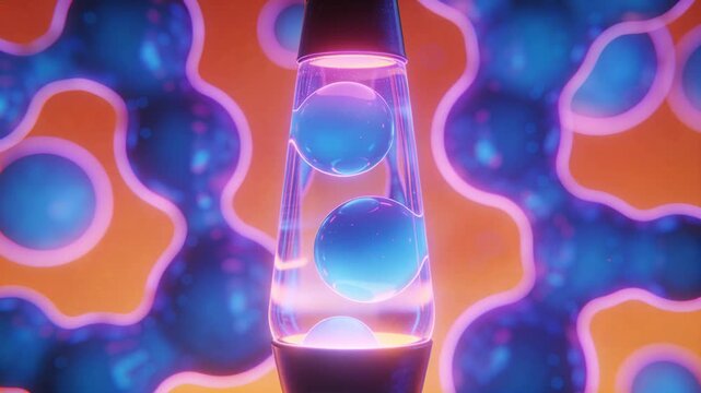 Heating base driving conical lava lamp wax blobs rising merging settling in dim room decor backdrop