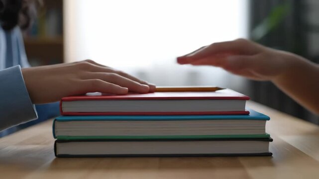 Close-up of students' hands arranging books and a pencil on a table, ready for a productive study session.