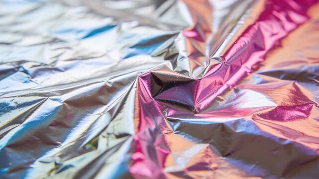 Shifting camera focus altering reflections on crinkled metallic foil at tabletop, magenta cyan gold