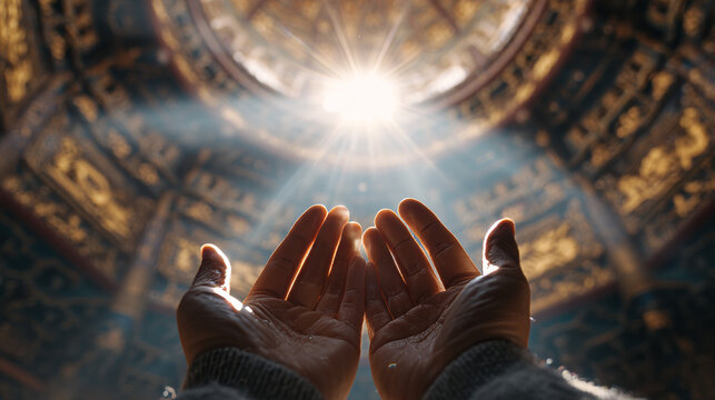 Hands Reaching Toward Divine Light in Ornate Temple Close-Up